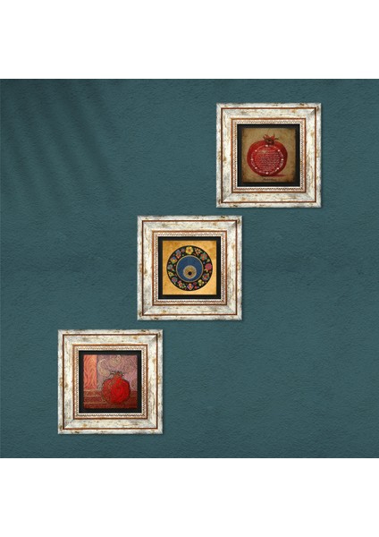 Nazar Boncuğu, Nar, Bereket Duası Taş Duvar Tablosu Çerçeveli Duvar Dekoru 3 Parça Tablo Seti Wall Art T3-280