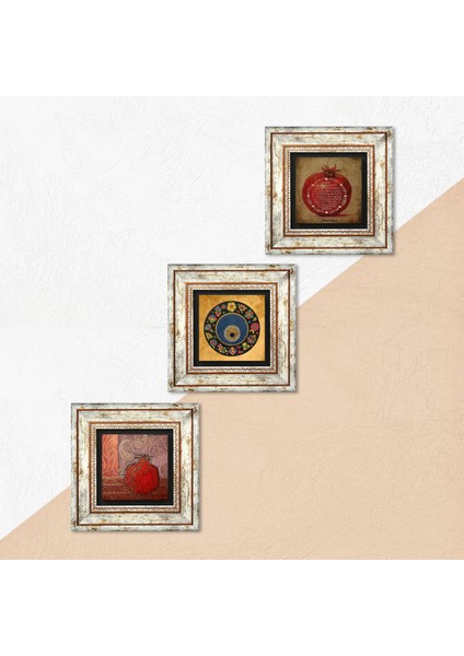 Nazar Boncuğu, Nar, Bereket Duası Taş Duvar Tablosu Çerçeveli Duvar Dekoru 3 Parça Tablo Seti Wall Art T3-280