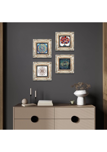 Mandala, Nazar, Sri Yantra, Nar Ağacı Taş Duvar Tablosu Çerçeveli Duvar Dekoru 4 Parça Tablo Seti Wall Art T4-1007