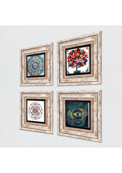 Mandala, Nazar, Sri Yantra, Nar Ağacı Taş Duvar Tablosu Çerçeveli Duvar Dekoru 4 Parça Tablo Seti Wall Art T4-1007