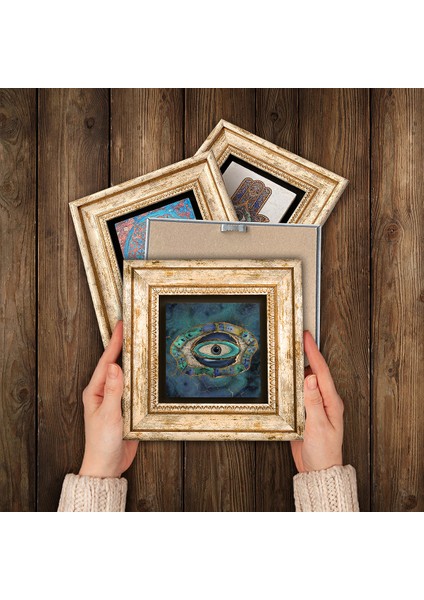 Mandala, Nazar, Sri Yantra, Nar Ağacı Taş Duvar Tablosu Çerçeveli Duvar Dekoru 4 Parça Tablo Seti Wall Art T4-1007