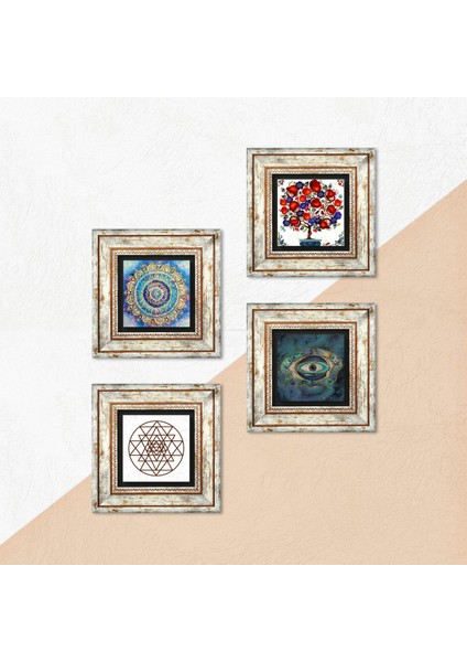 Mandala, Nazar, Sri Yantra, Nar Ağacı Taş Duvar Tablosu Çerçeveli Duvar Dekoru 4 Parça Tablo Seti Wall Art T4-1007
