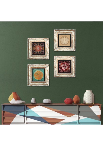 Lotus Çiçeği, Desen Çerçeveli Taş Duvar Tablosu 4’lü Set - Dekoratif Modern Sanat, Ev ve Ofis Dekoru |TK4-1359|