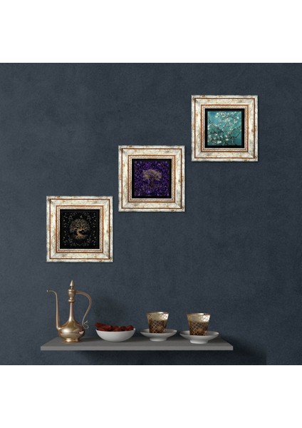 Hayat Ağacı, Van Gogh Badem Ağacı Taş Duvar Tablosu Çerçeveli Duvar Dekoru 3 Parça Tablo Seti Wall Art T3-1896