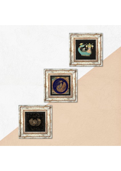 Horus'un Gözü, Tavus Kuşu, Şahmeran Taş Duvar Tablosu Çerçeveli Duvar Dekoru 3 Parça Tablo Seti Wall Art T3-454