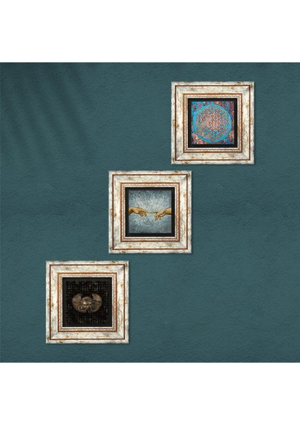 Michelangelo, Horus'un Gözü, Yaşam Çiçeği Taş Duvar Tablosu Çerçeveli Duvar Dekoru 3 Parça Tablo Seti Wall Art T3-460