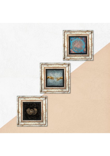 Michelangelo, Horus'un Gözü, Yaşam Çiçeği Taş Duvar Tablosu Çerçeveli Duvar Dekoru 3 Parça Tablo Seti Wall Art T3-460