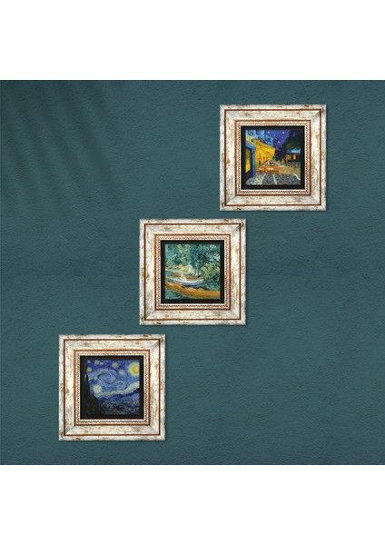 Van Gogh Oise Bankası, Kafe Terasta Gece, Yıldızlı Gece Taş Duvar Tablosu Çerçeveli Duvar Dekoru 3 Parça Tablo Seti Wall Art T3-464