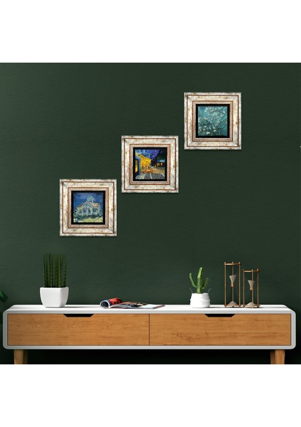 Stone Van Gogh Kilise, Kafe Terasta Gece, Badem Ağacı Çerçeveli Taş Duvar Tablosu 3’lü Set - Dekoratif Modern Sanat, Ev ve Ofis Dekoru |TK3-479|