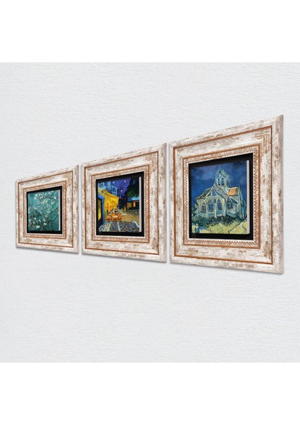Stone Van Gogh Kilise, Kafe Terasta Gece, Badem Ağacı Çerçeveli Taş Duvar Tablosu 3’lü Set - Dekoratif Modern Sanat, Ev ve Ofis Dekoru |TK3-479| fiyatları