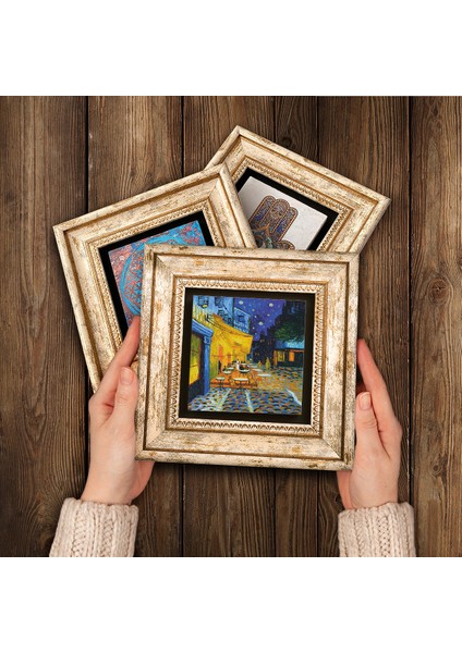Stone Van Gogh Kilise, Kafe Terasta Gece, Badem Ağacı Çerçeveli Taş Duvar Tablosu 3’lü Set - Dekoratif Modern Sanat, Ev ve Ofis Dekoru |TK3-479| modelleri