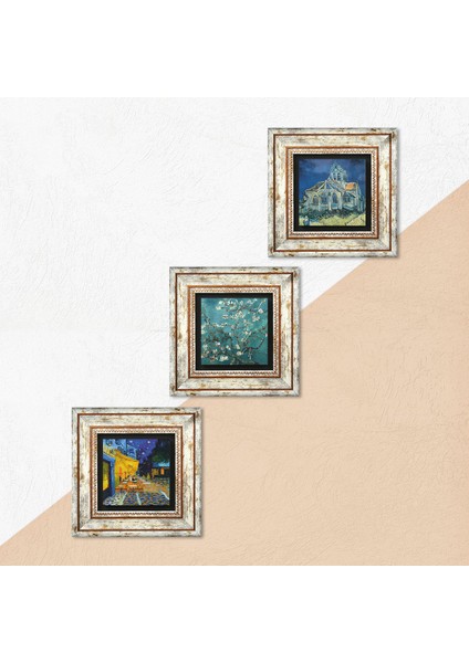 Stone Van Gogh Kilise, Kafe Terasta Gece, Badem Ağacı Çerçeveli Taş Duvar Tablosu 3’lü Set - Dekoratif Modern Sanat, Ev ve Ofis Dekoru |TK3-479| indirimleri