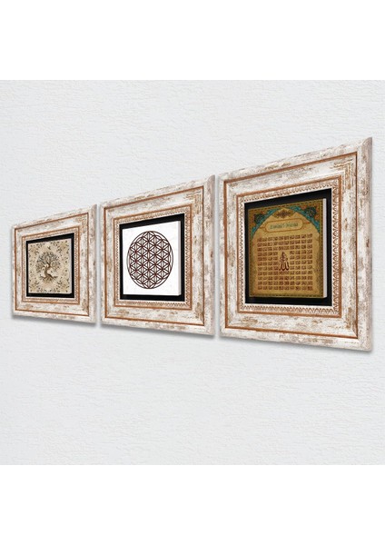 Stone Yaşam Çiçeği, Esma'ül Hüsna, Hayat Ağacı Çerçeveli Taş Duvar Tablosu 3’lü Set - Dekoratif Modern Sanat, Ev ve Ofis Dekoru |TK3-48| fiyatları