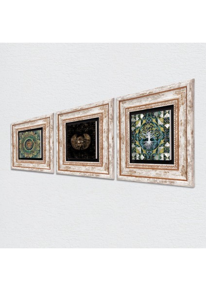 Hayat Ağacı, Mandala, Horus'un Gözü Taş Duvar Tablosu Çerçeveli Duvar Dekoru 3 Parça Tablo Seti Wall Art T3-457