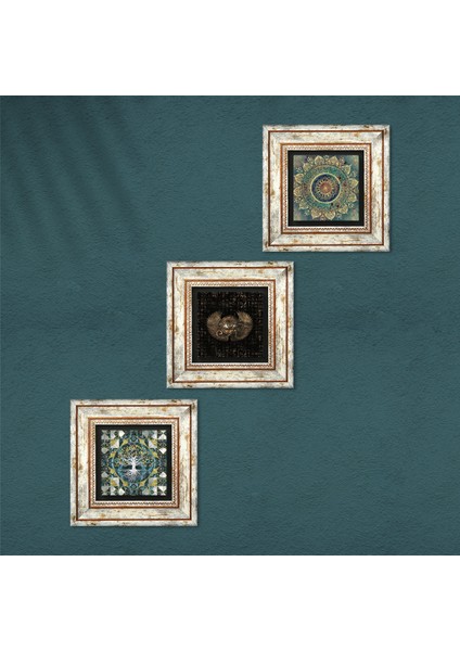 Hayat Ağacı, Mandala, Horus'un Gözü Taş Duvar Tablosu Çerçeveli Duvar Dekoru 3 Parça Tablo Seti Wall Art T3-457