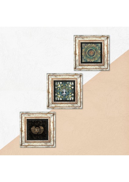 Hayat Ağacı, Mandala, Horus'un Gözü Taş Duvar Tablosu Çerçeveli Duvar Dekoru 3 Parça Tablo Seti Wall Art T3-457