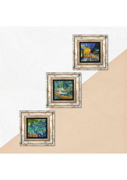 Van Gogh Oise Bankası, Kafe Terasta Gece, İrisler Taş Duvar Tablosu Çerçeveli Duvar Dekoru 3 Parça Tablo Seti Wall Art T3-466