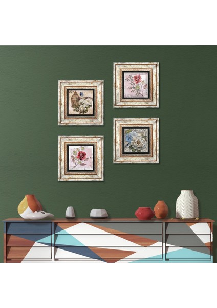 Stone Gül, Kelebekli Çiçek Çerçeveli Taş Duvar Tablosu 4’lü Set - Dekoratif Modern Sanat, Ev ve Ofis Dekoru |TK4-1368|