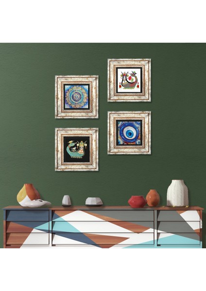 Nazar, Mandala, Şahmeran Taş Duvar Tablosu Çerçeveli Duvar Dekoru 4 Parça Tablo Seti Wall Art T4-1542