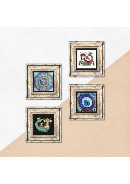 Nazar, Mandala, Şahmeran Taş Duvar Tablosu Çerçeveli Duvar Dekoru 4 Parça Tablo Seti Wall Art T4-1542 indirimleri