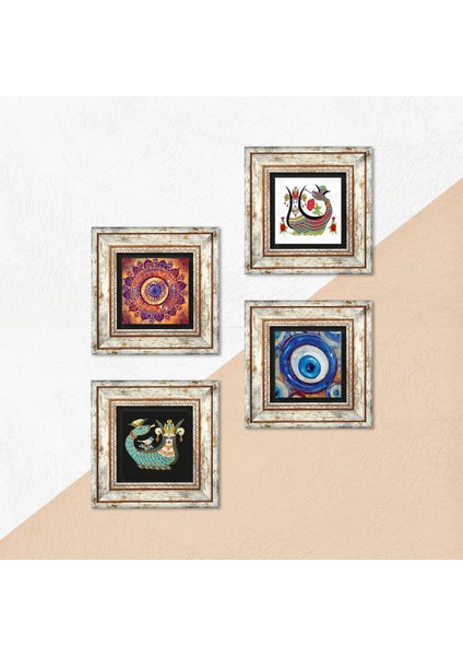 Stone Nazar, Mandala, Şahmeran Çerçeveli Taş Duvar Tablosu 4’lü Set - Dekoratif Modern Sanat, Ev ve Ofis Dekoru |TK4-1543| indirimleri