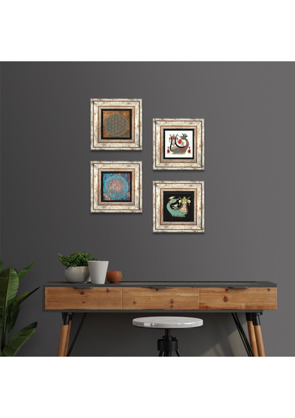 Yaşam Çiçeği, Şahmeran Taş Duvar Tablosu Çerçeveli Duvar Dekoru 4 Parça Tablo Seti Wall Art T4-458