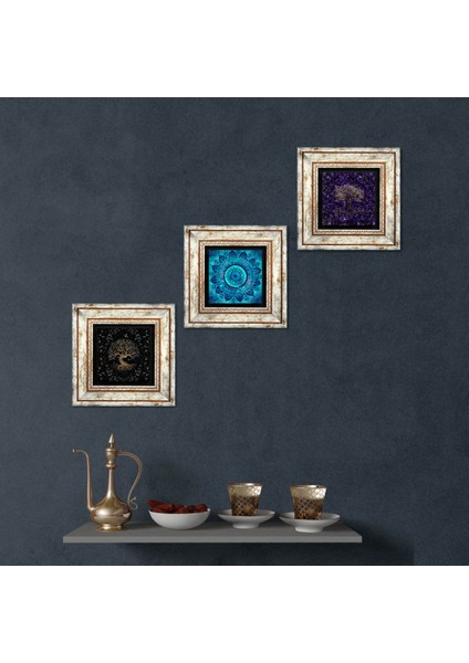 Mandala, Hayat Ağacı Çerçeveli Taş Duvar Tablosu 3’lü Set - Dekoratif Modern Sanat, Ev ve Ofis Dekoru |TK3-1917|