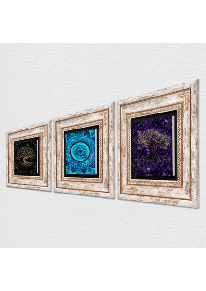 Mandala, Hayat Ağacı Çerçeveli Taş Duvar Tablosu 3’lü Set - Dekoratif Modern Sanat, Ev ve Ofis Dekoru |TK3-1917| fiyatları