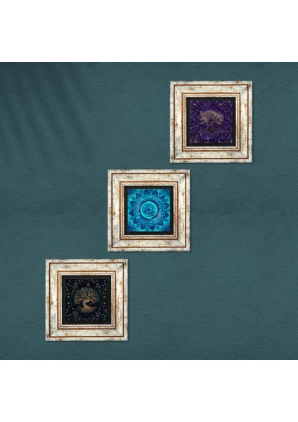 Mandala, Hayat Ağacı Çerçeveli Taş Duvar Tablosu 3’lü Set - Dekoratif Modern Sanat, Ev ve Ofis Dekoru |TK3-1917| fırsatları