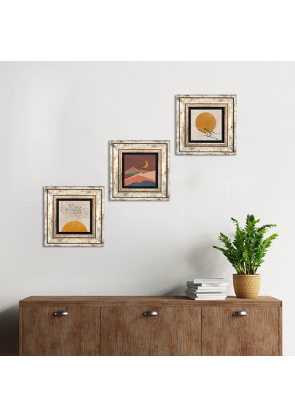 Minimalist, Bohem Taş Duvar Tablosu Çerçeveli Duvar Dekoru 3 Parça Tablo Seti Wall Art T3-1932