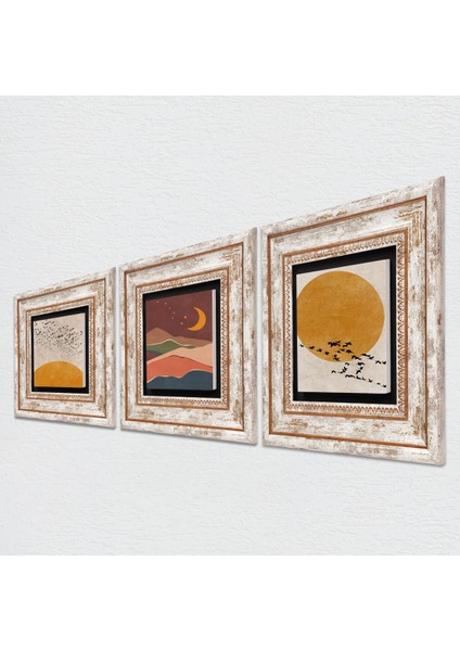 Minimalist, Bohem Taş Duvar Tablosu Çerçeveli Duvar Dekoru 3 Parça Tablo Seti Wall Art T3-1932