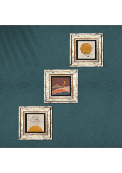 Minimalist, Bohem Taş Duvar Tablosu Çerçeveli Duvar Dekoru 3 Parça Tablo Seti Wall Art T3-1932