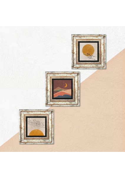 Minimalist, Bohem Taş Duvar Tablosu Çerçeveli Duvar Dekoru 3 Parça Tablo Seti Wall Art T3-1932