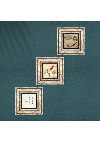 Lale Ebru Sanatı, Vav, Elif Taş Duvar Tablosu Çerçeveli Duvar Dekoru 3 Parça Tablo Seti Wall Art T3-641