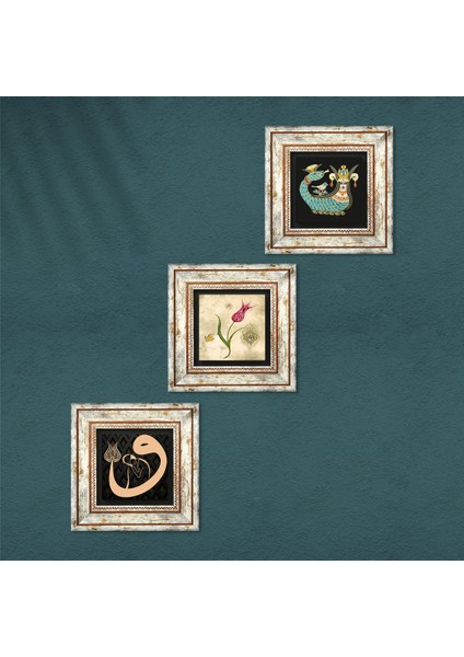 Lale Ebru Sanatı, Vav, Şahmeran Taş Duvar Tablosu Çerçeveli Duvar Dekoru 3 Parça Tablo Seti Wall Art T3-652