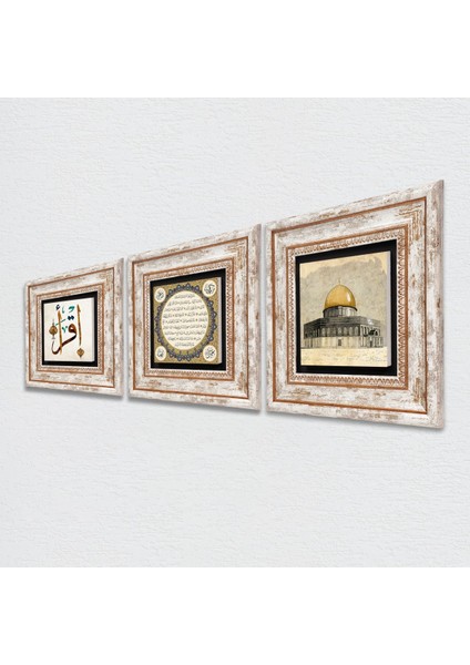 Mescid-i Aksa, İlk Ayet 'Oku', Hilye-i Şerif Taş Duvar Tablosu Çerçeveli Duvar Dekoru 3 Parça Tablo Seti Wall Art T3-655