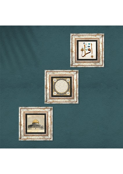 Mescid-i Aksa, İlk Ayet 'Oku', Hilye-i Şerif Taş Duvar Tablosu Çerçeveli Duvar Dekoru 3 Parça Tablo Seti Wall Art T3-655