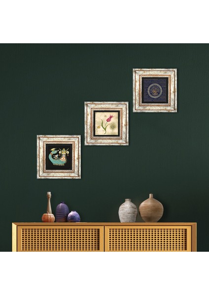Nazar, Lale Ebru Sanatı, Şahmeran Taş Duvar Tablosu Çerçeveli Duvar Dekoru 3 Parça Tablo Seti Wall Art T3-661