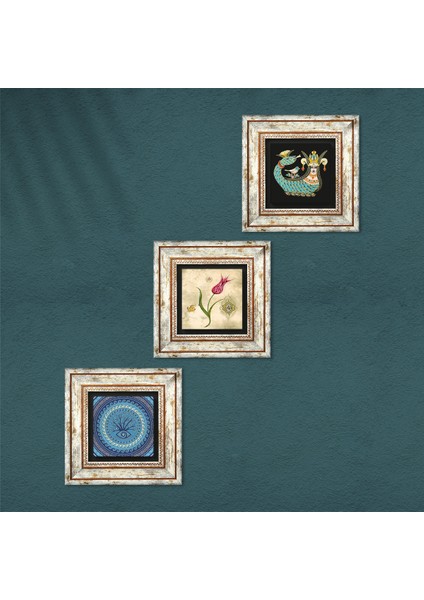 Nazar, Lale Ebru Sanatı, Şahmeran Taş Duvar Tablosu Çerçeveli Duvar Dekoru 3 Parça Tablo Seti Wall Art T3-662