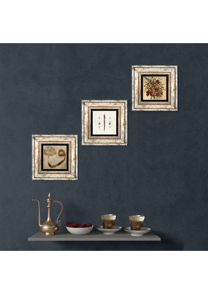 Vintage Çiçek, Vav, Elif Taş Duvar Tablosu Çerçeveli Duvar Dekoru 3 Parça Tablo Seti Wall Art T3-640