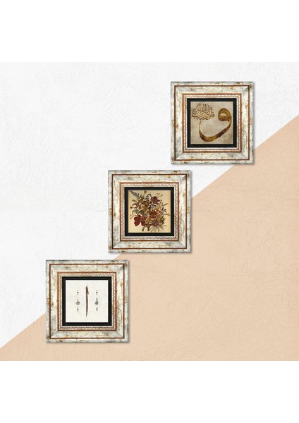 Vintage Çiçek, Vav, Elif Taş Duvar Tablosu Çerçeveli Duvar Dekoru 3 Parça Tablo Seti Wall Art T3-640 indirimleri