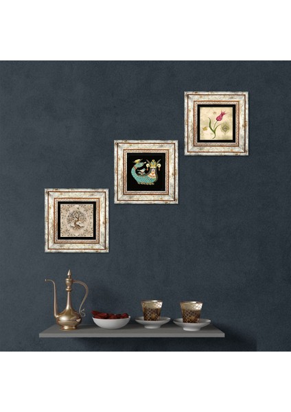 Lale Ebru Sanatı, Şahmeran, Hayat Ağacı Taş Duvar Tablosu Çerçeveli Duvar Dekoru 3 Parça Tablo Seti Wall Art T3-645