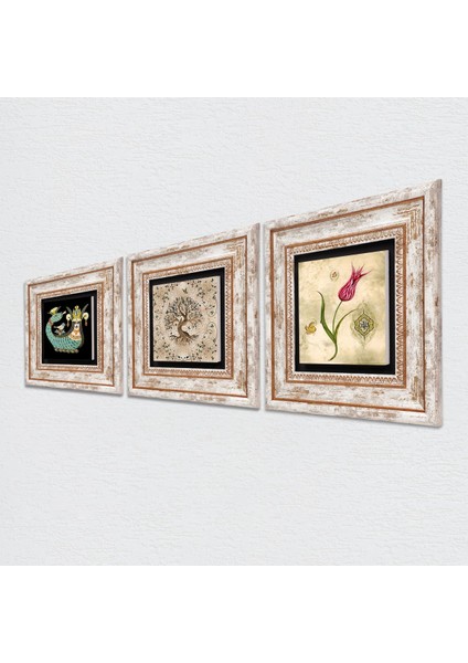 Lale Ebru Sanatı, Şahmeran, Hayat Ağacı Taş Duvar Tablosu Çerçeveli Duvar Dekoru 3 Parça Tablo Seti Wall Art T3-645