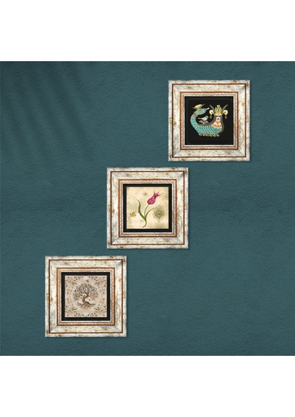 Lale Ebru Sanatı, Şahmeran, Hayat Ağacı Taş Duvar Tablosu Çerçeveli Duvar Dekoru 3 Parça Tablo Seti Wall Art T3-645