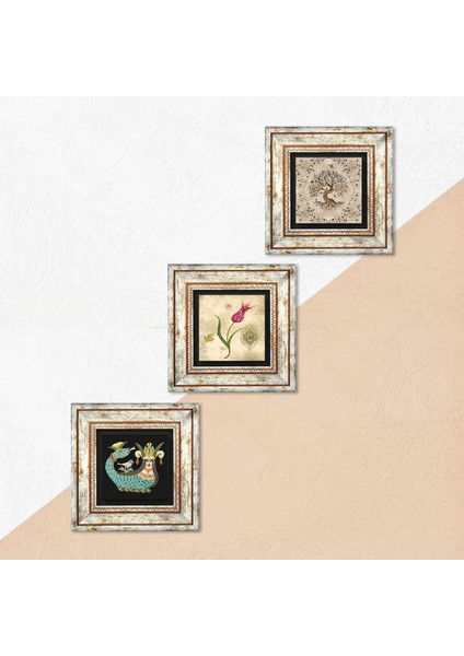 Lale Ebru Sanatı, Şahmeran, Hayat Ağacı Taş Duvar Tablosu Çerçeveli Duvar Dekoru 3 Parça Tablo Seti Wall Art T3-645