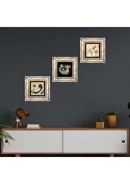 Lale Ebru Sanatı, Vav, Şahmeran Taş Duvar Tablosu Çerçeveli Duvar Dekoru 3 Parça Tablo Seti Wall Art T3-653