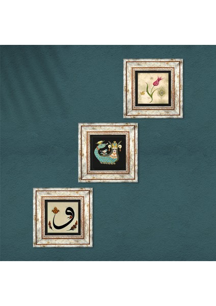 Lale Ebru Sanatı, Vav, Şahmeran Taş Duvar Tablosu Çerçeveli Duvar Dekoru 3 Parça Tablo Seti Wall Art T3-653
