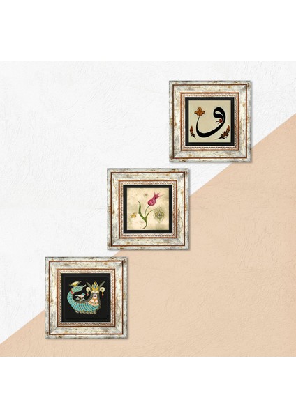 Lale Ebru Sanatı, Vav, Şahmeran Taş Duvar Tablosu Çerçeveli Duvar Dekoru 3 Parça Tablo Seti Wall Art T3-653