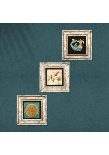 Lotus Çiçeği, Lale Ebru Sanatı, Şahmeran Taş Duvar Tablosu Çerçeveli Duvar Dekoru 3 Parça Tablo Seti Wall Art T3-658