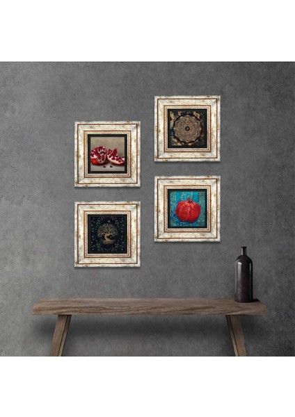 Sri Yantra, Hayat Ağacı, Nar Taş Duvar Tablosu Çerçeveli Duvar Dekoru 4 Parça Tablo Seti Wall Art T4-651